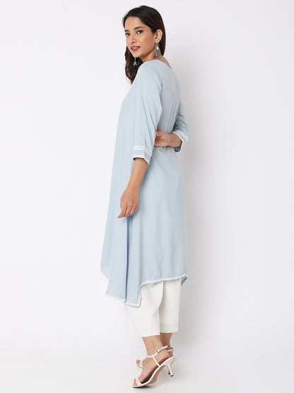 Women Wearing Ice Blue Viscose Embroidered Kurta
