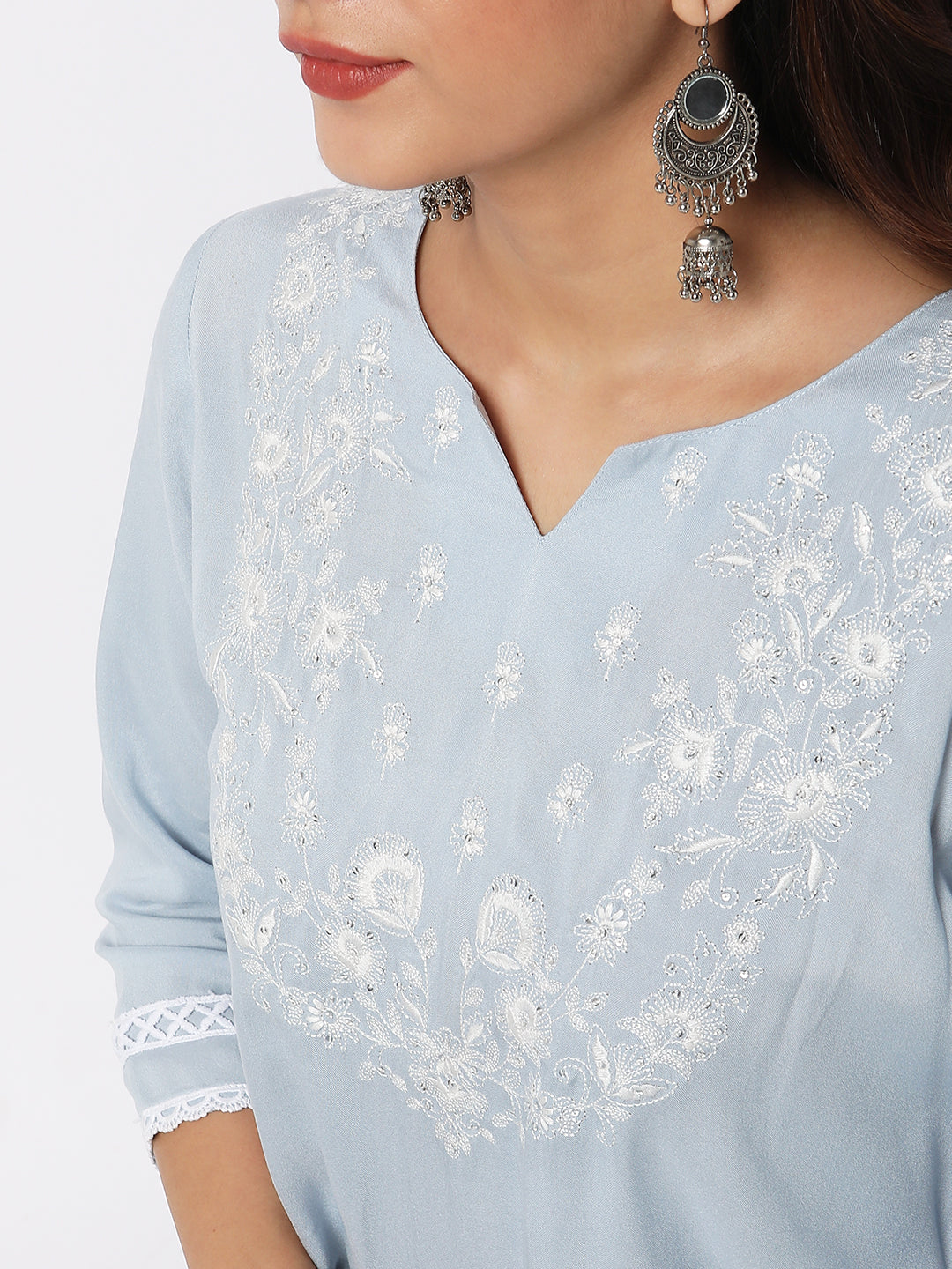 Women Wearing Ice Blue Viscose Embroidered Kurta