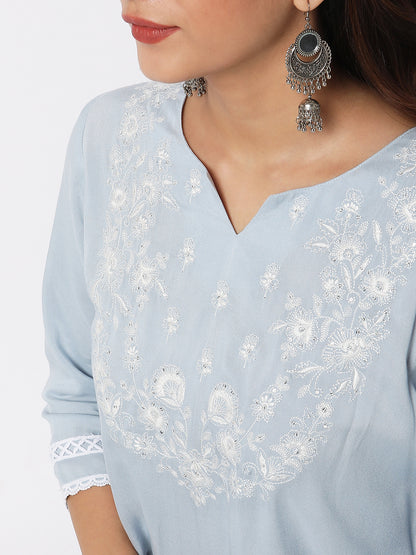 Women Wearing Ice Blue Viscose Embroidered Kurta