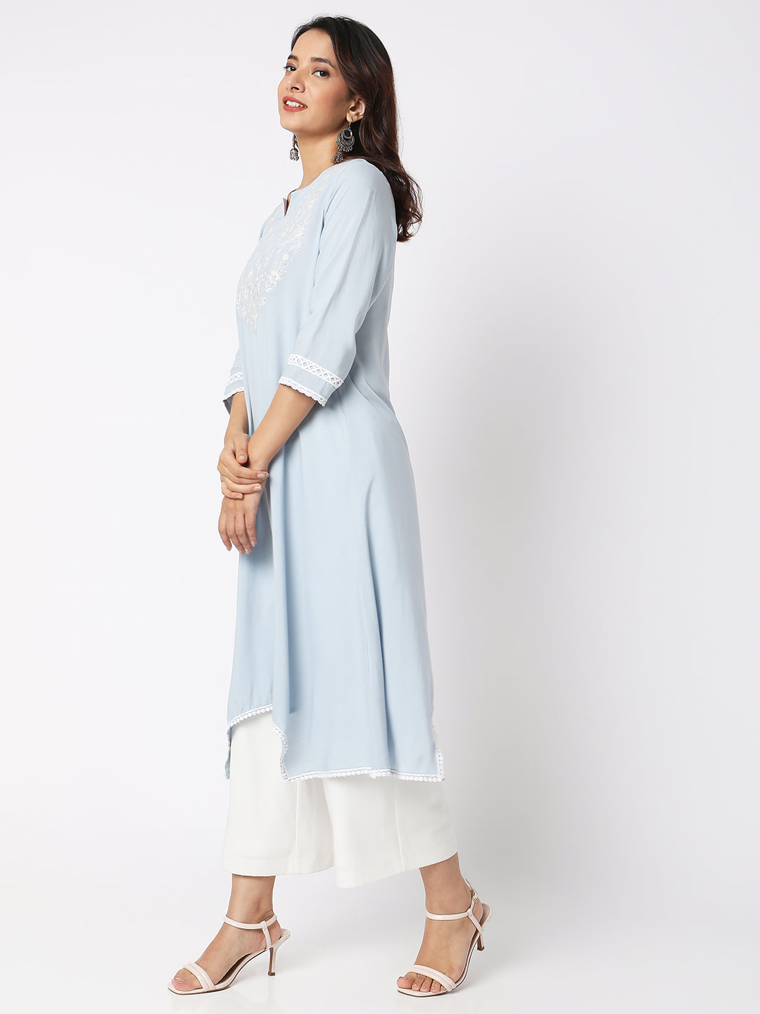 Women Wearing Ice Blue Viscose Embroidered Kurta
