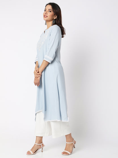 Women Wearing Ice Blue Viscose Embroidered Kurta