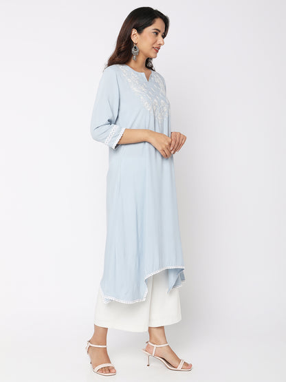Women Wearing Ice Blue Viscose Embroidered Kurta