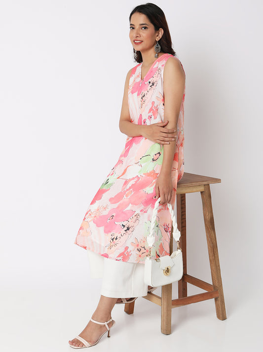 Women Wearing Peach Polyester Embroidered Kurta