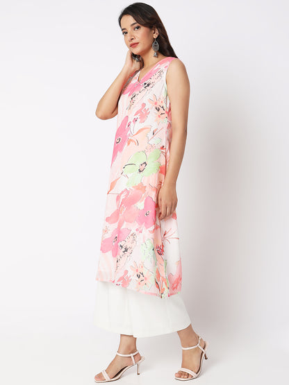 Women Wearing Peach Polyester Embroidered Kurta