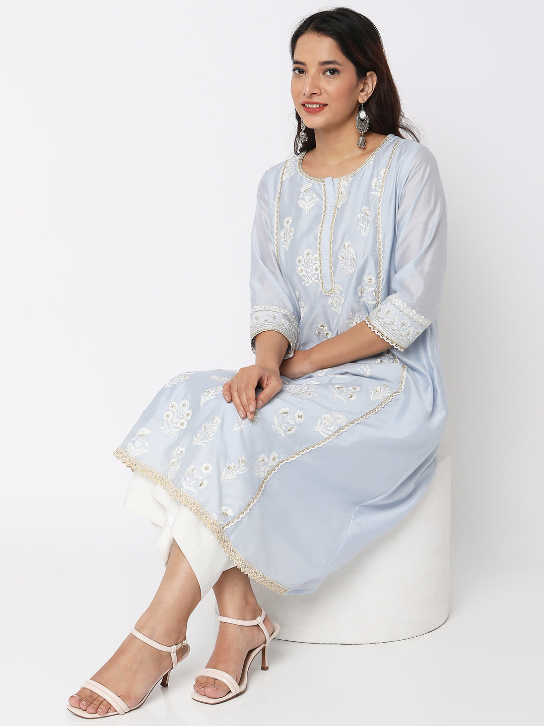 Women Wearing Ice Blue Viscose Silk Embroidered Kurta