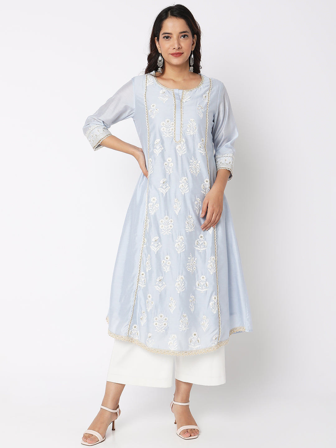 Women Wearing Ice Blue Viscose Silk Embroidered Kurta