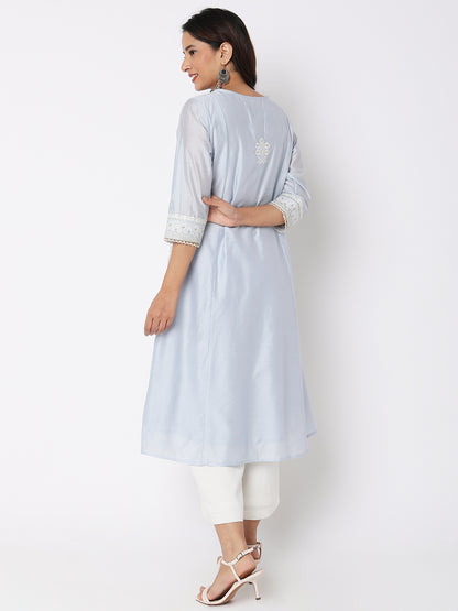 Women Wearing Ice Blue Viscose Silk Embroidered Kurta