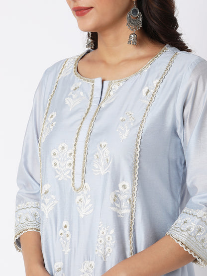 Women Wearing Ice Blue Viscose Silk Embroidered Kurta