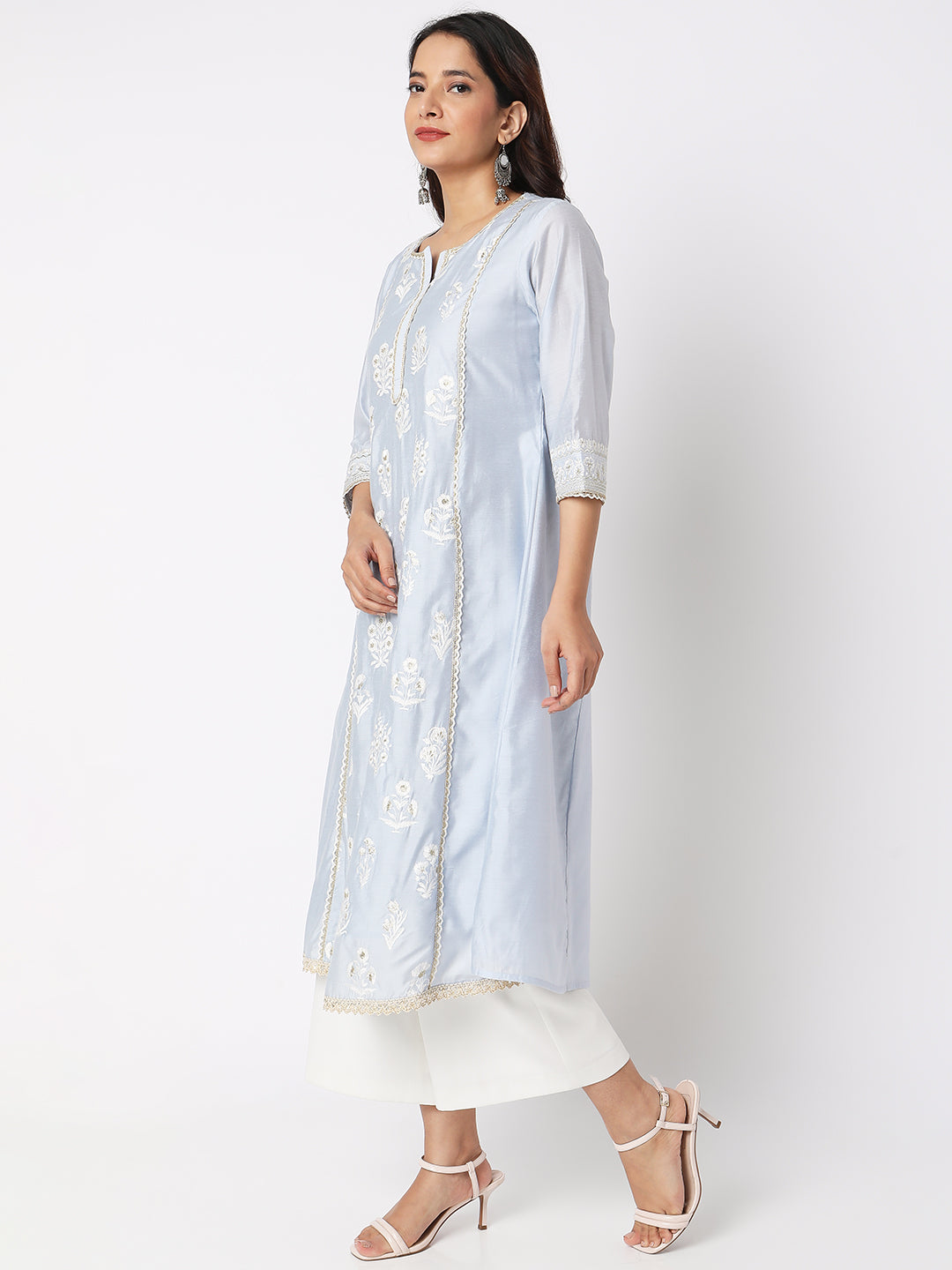 Women Wearing Ice Blue Viscose Silk Embroidered Kurta