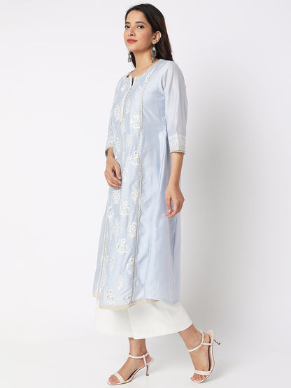 Women Wearing Ice Blue Viscose Silk Embroidered Kurta