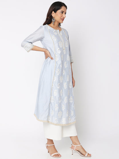 Women's Ice Blue Viscose Silk Embroidered Kurta