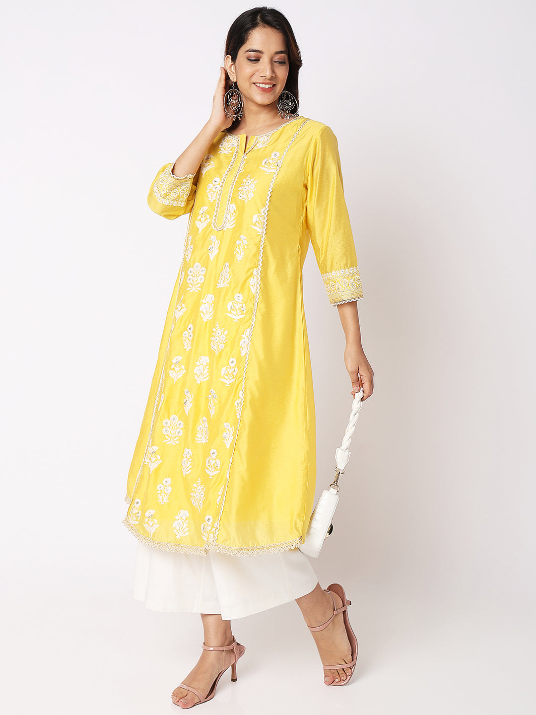 Women Wearing Yellow Viscose Silk Embroidered Kurta