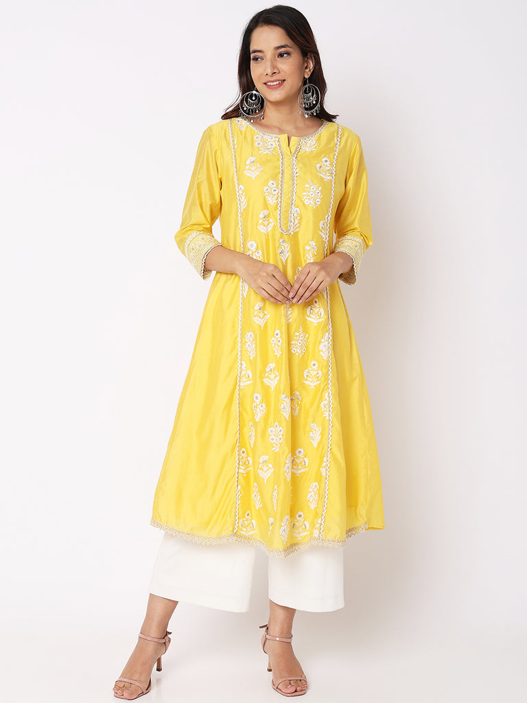 Women Wearing Yellow Viscose Silk Embroidered Kurta