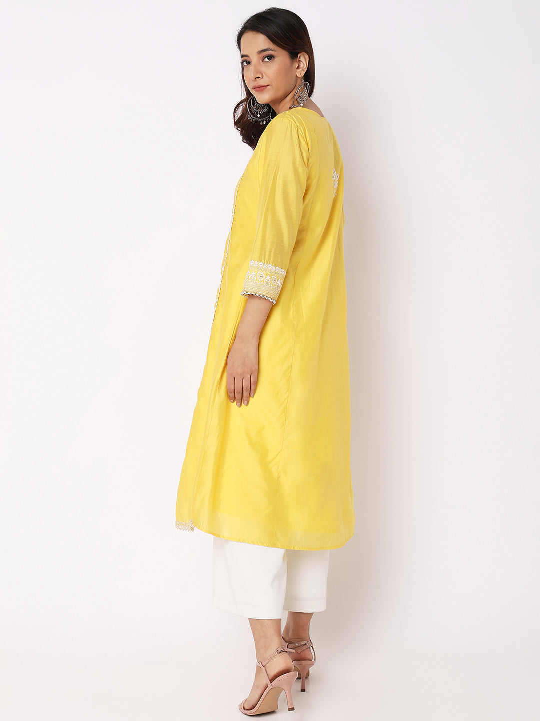 Women Wearing Yellow Viscose Silk Embroidered Kurta