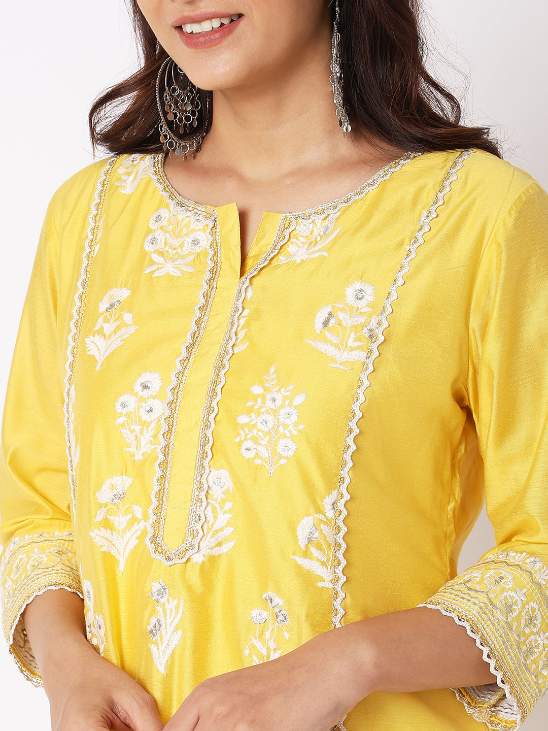 Women Wearing Yellow Viscose Silk Embroidered Kurta
