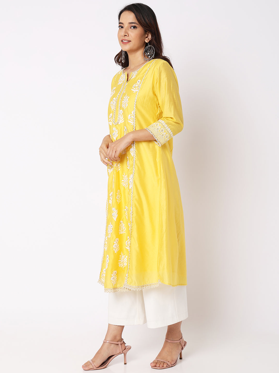 Women Wearing Yellow Viscose Silk Embroidered Kurta