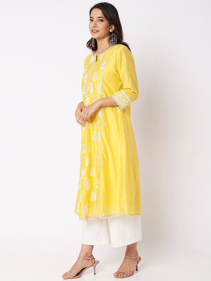 Women Wearing Yellow Viscose Silk Embroidered Kurta
