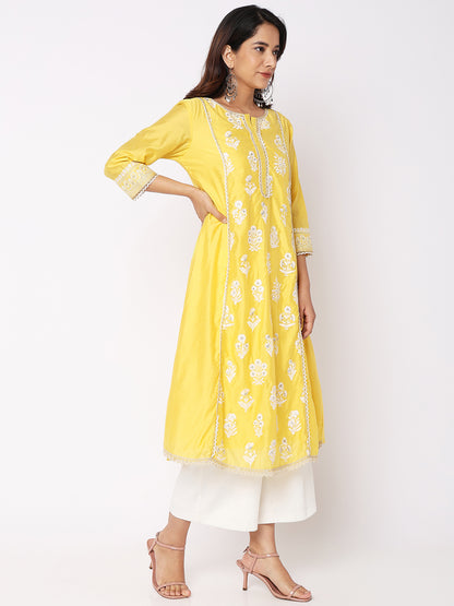 Women's Yellow Viscose Silk Embroidered Kurta