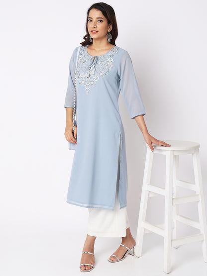 Women Wearing Ice Blue Polyester Embroidered Kurta