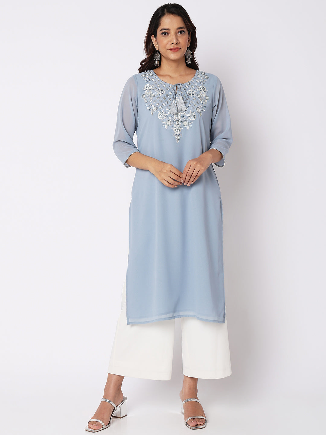 Women Wearing Ice Blue Polyester Embroidered Kurta