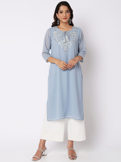 Women Wearing Ice Blue Polyester Embroidered Kurta