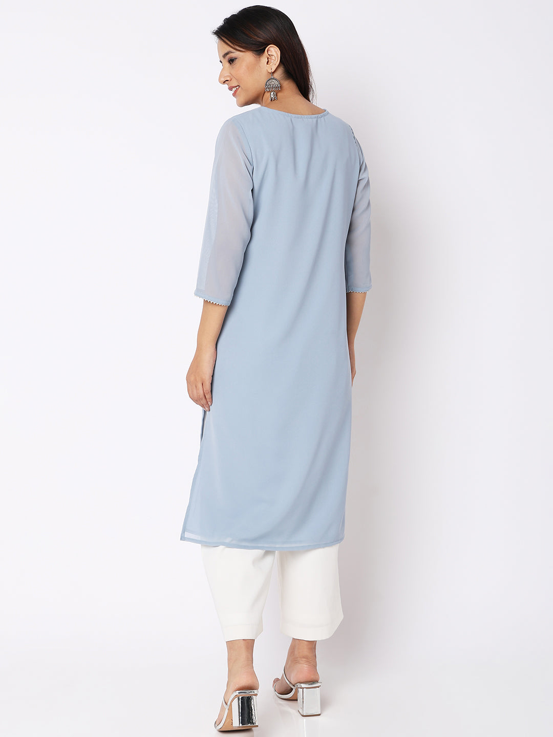 Women Wearing Ice Blue Polyester Embroidered Kurta