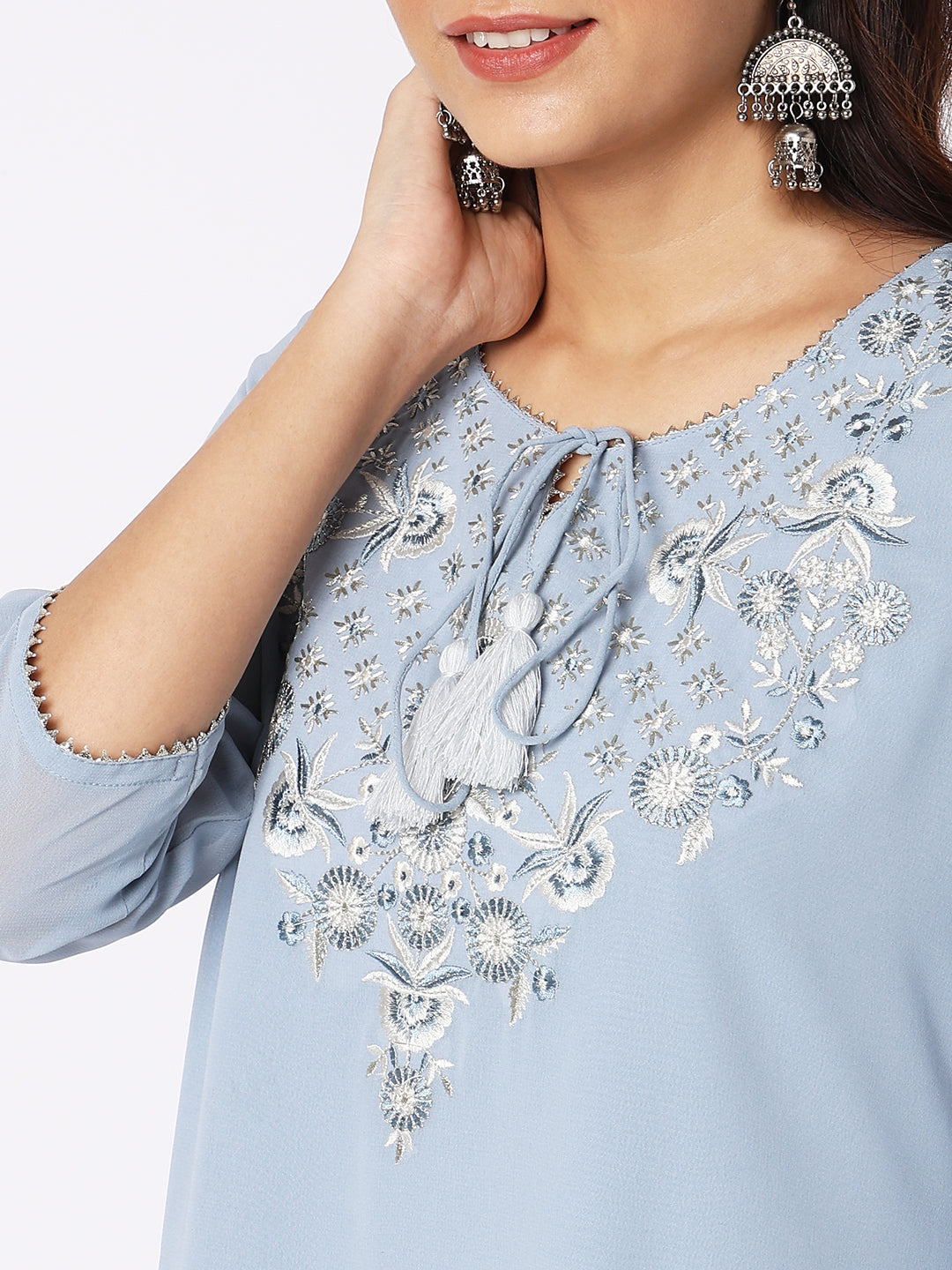 Women Wearing Ice Blue Polyester Embroidered Kurta