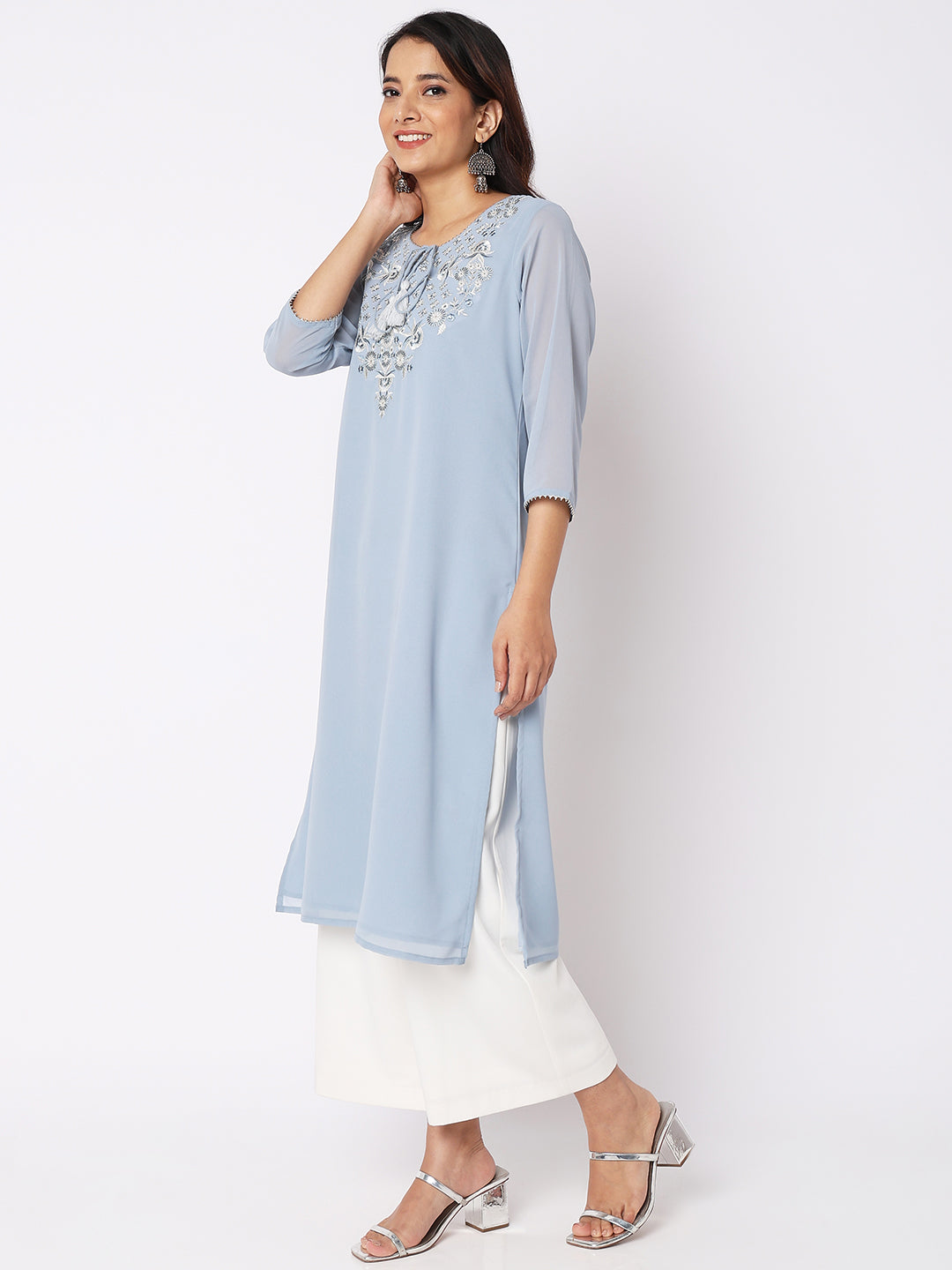 Women Wearing Ice Blue Polyester Embroidered Kurta