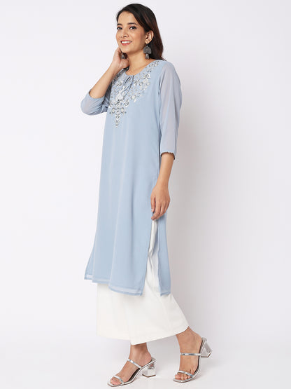 Women Wearing Ice Blue Polyester Embroidered Kurta