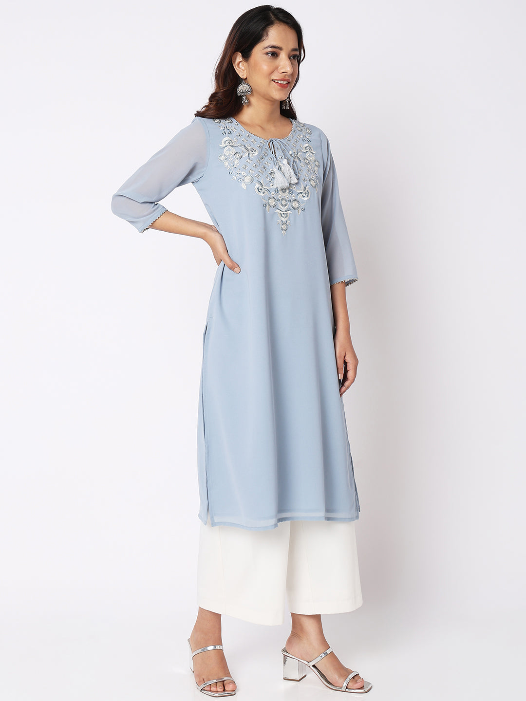Women Wearing Ice Blue Polyester Embroidered Kurta