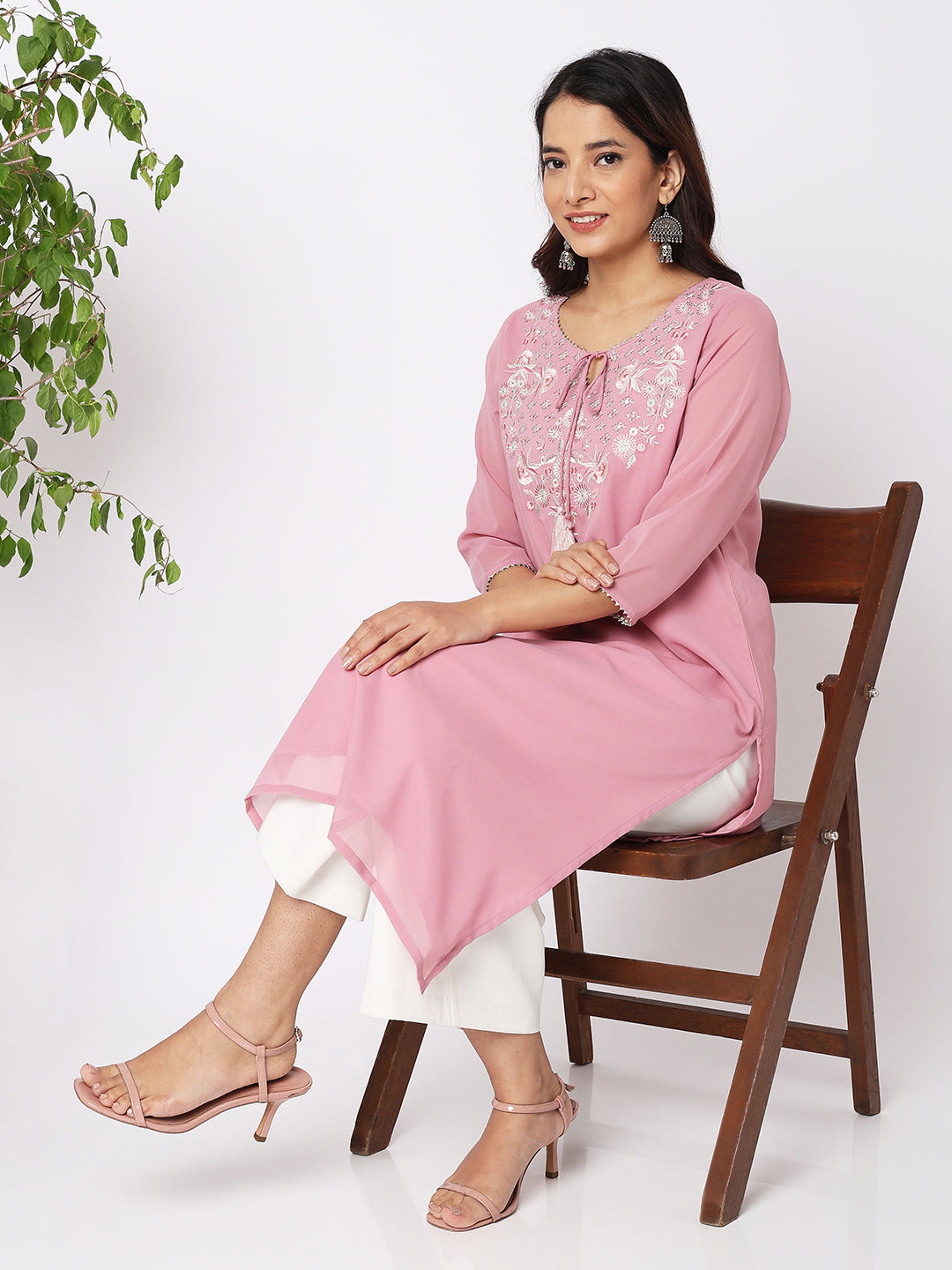 Women Wearing Pink Polyester Embroidered Kurta