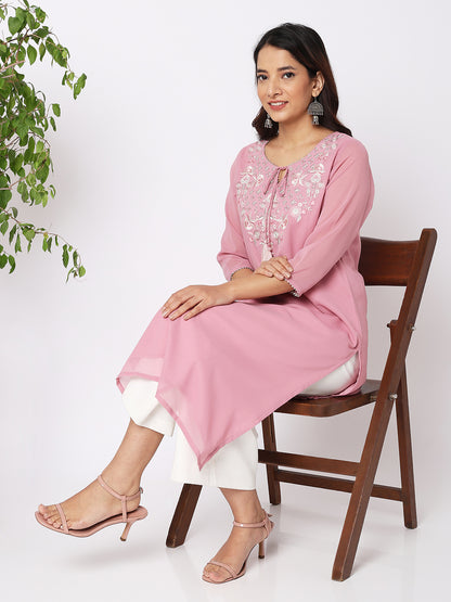 Women Wearing Pink Polyester Embroidered Kurta