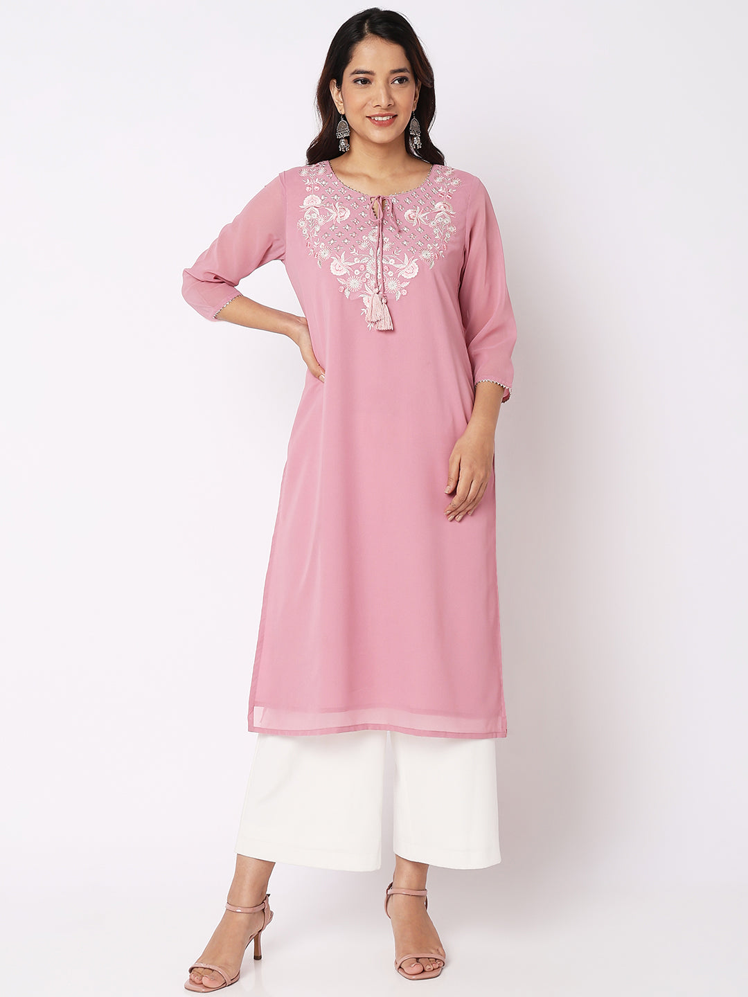 Women Wearing Pink Polyester Embroidered Kurta