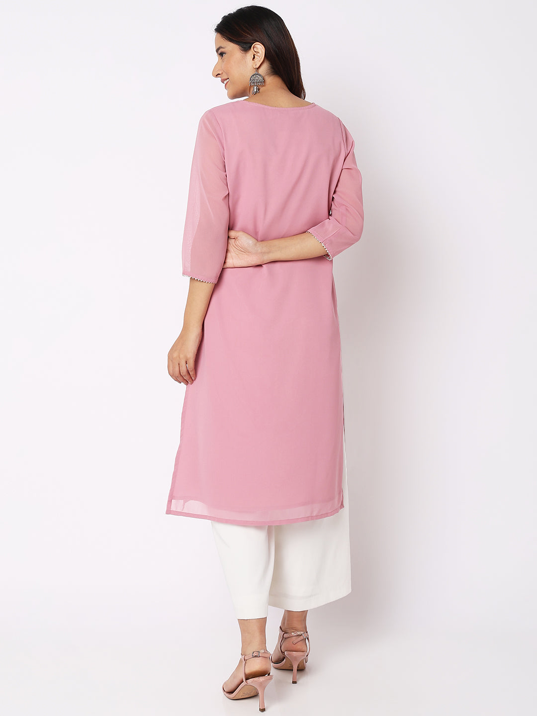 Women Wearing Pink Polyester Embroidered Kurta