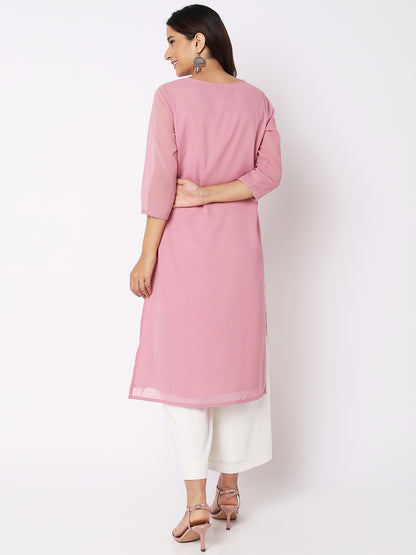 Women Wearing Pink Polyester Embroidered Kurta
