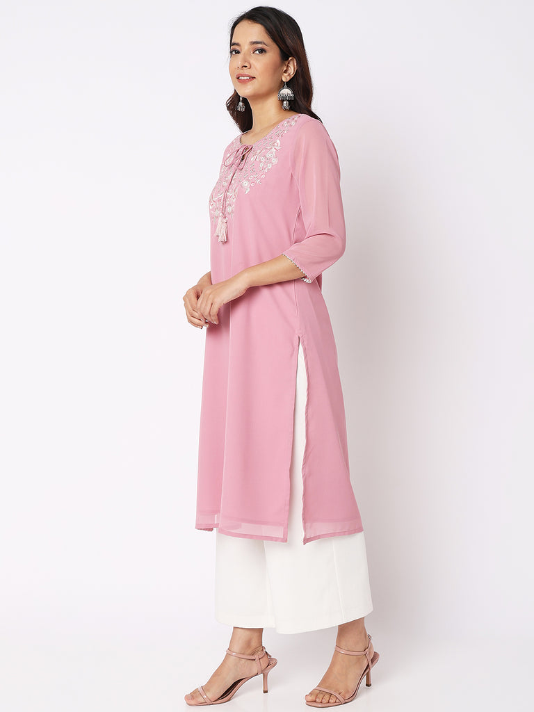 Women Wearing Pink Polyester Embroidered Kurta