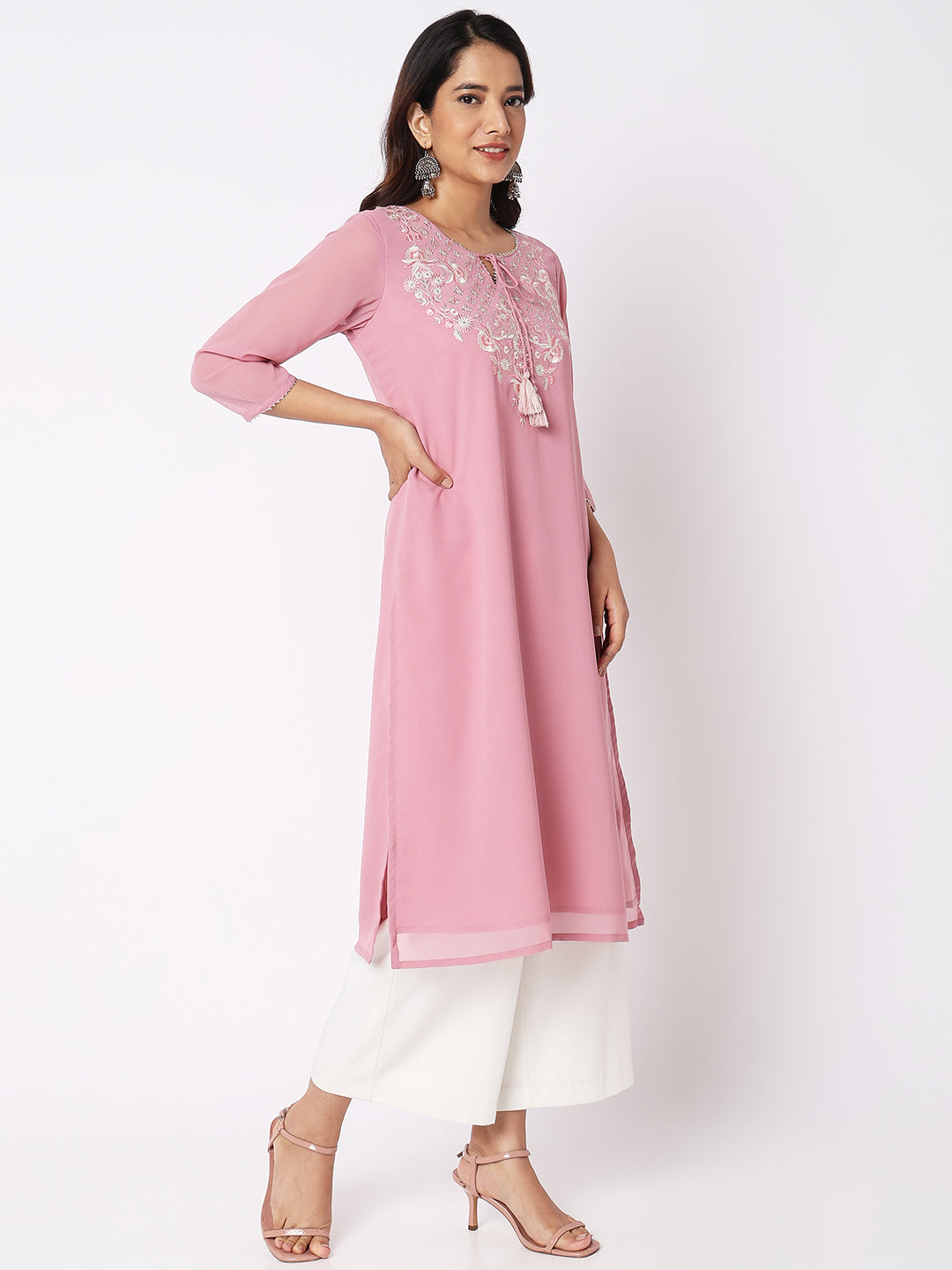 Women Wearing Pink Polyester Embroidered Kurta