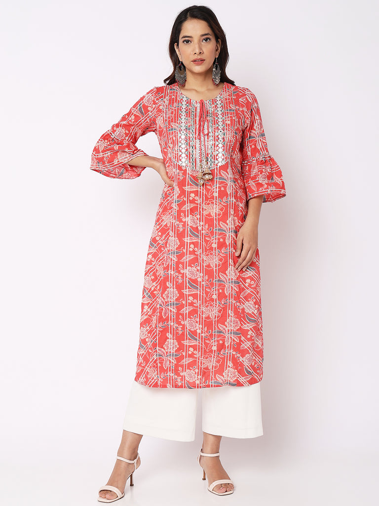 Women Wearing Orange Cotton Embroidered Kurta