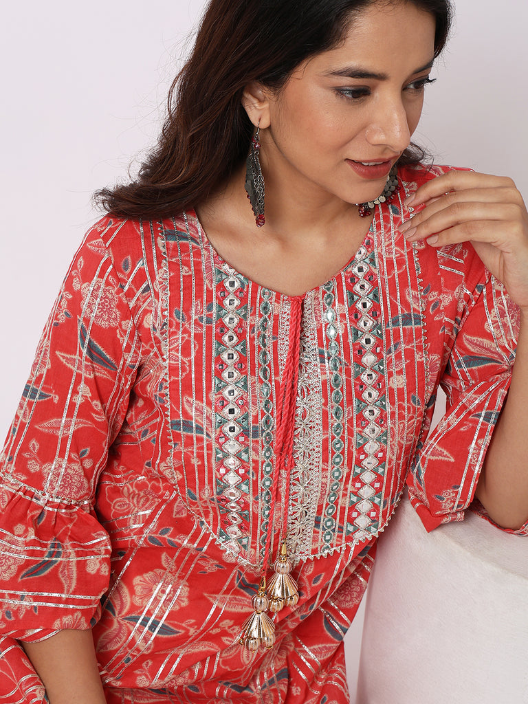 Women Wearing Orange Cotton Embroidered Kurta