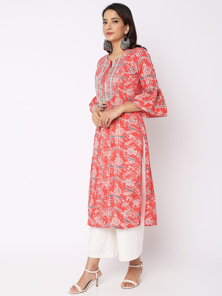 Women Wearing Orange Cotton Embroidered Kurta